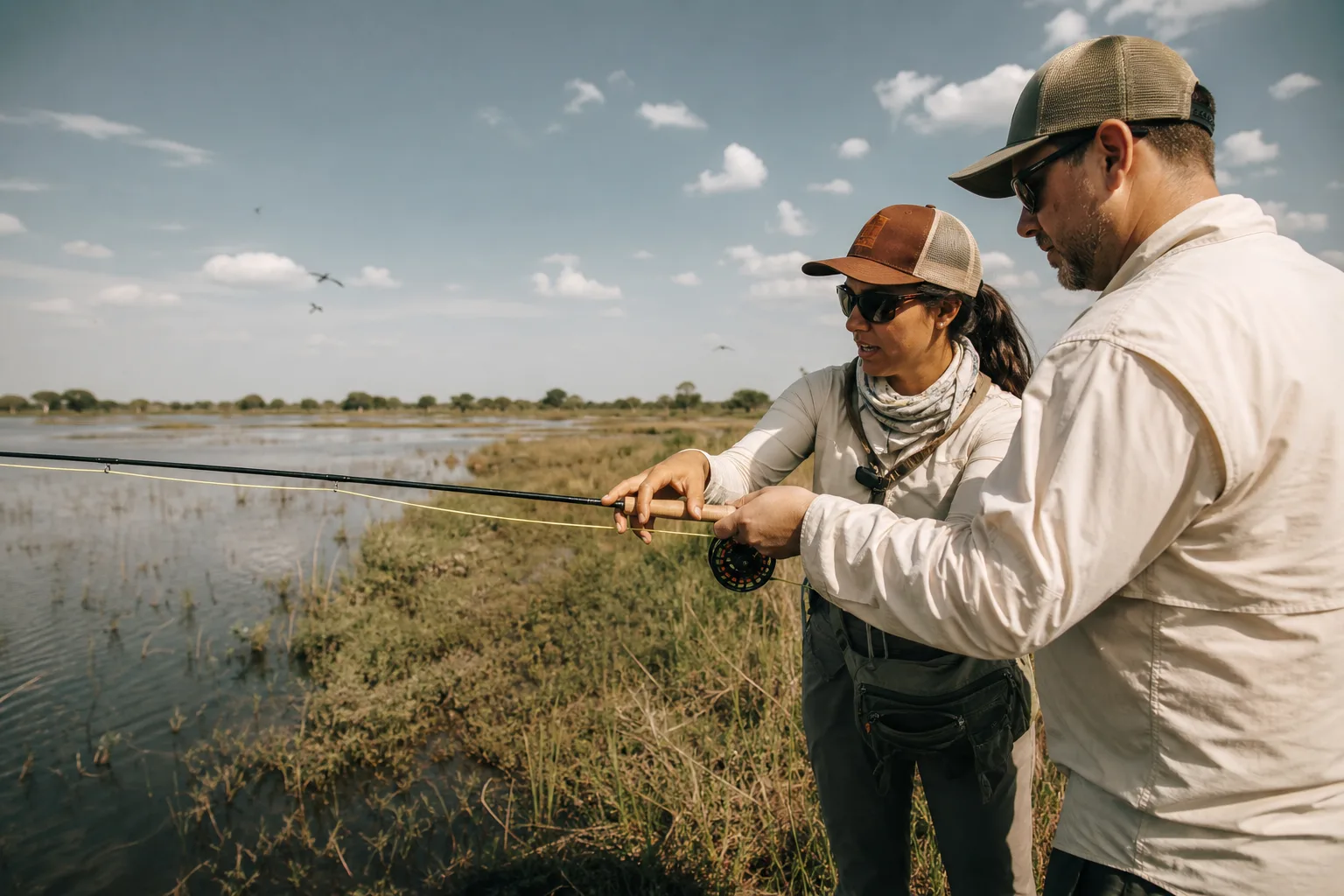 Guia ensinando um aluno a usar uma vara de pesca