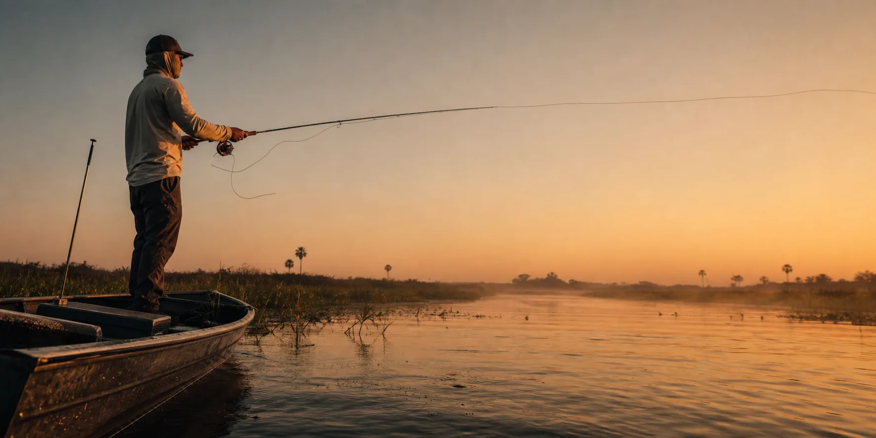 Pescador no Pantanal ao amanhecer